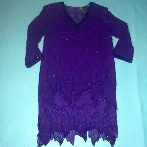 𝅺MORGAN TAYLOR Evening dress silk beaded long sleeve V-neck vintage size 8